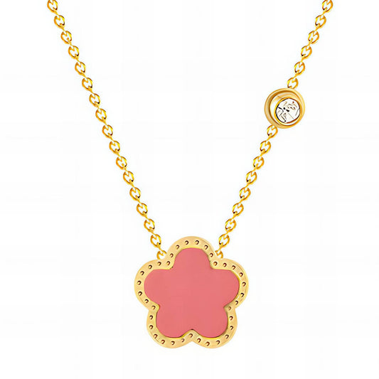 Gold-plated necklace featuring a pink flower-shaped pendant with a decorative chain.