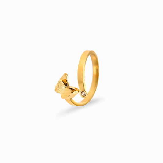 Aurora Butterfly Ring – Delta Jewel gold-plated open band ring featuring a textured butterfly design and a small gemstone accent, displayed on a white background.