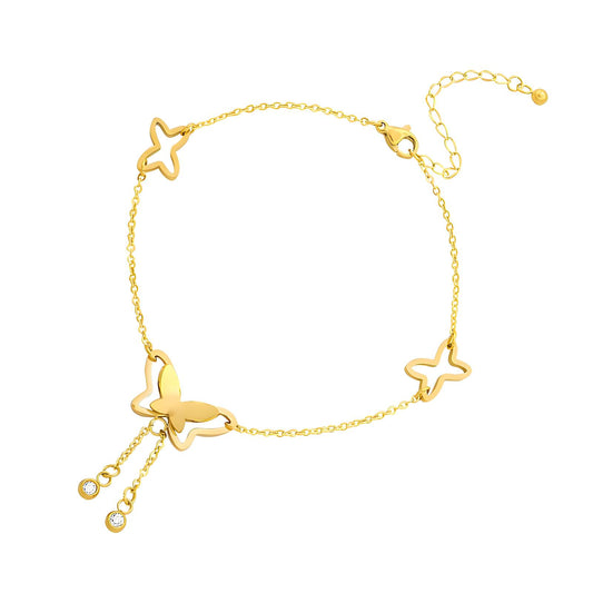 Luna Butterfly Anklet in gold with elegant butterfly charms and sparkling embellishments, featuring adjustable chain for versatile fit.