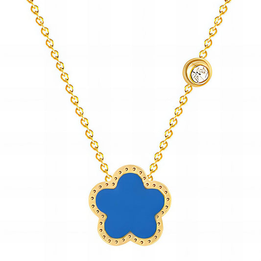 Elegant Marigold Bloom Necklace featuring a blue flower pendant on a gold-plated chain, perfect for any occasion.