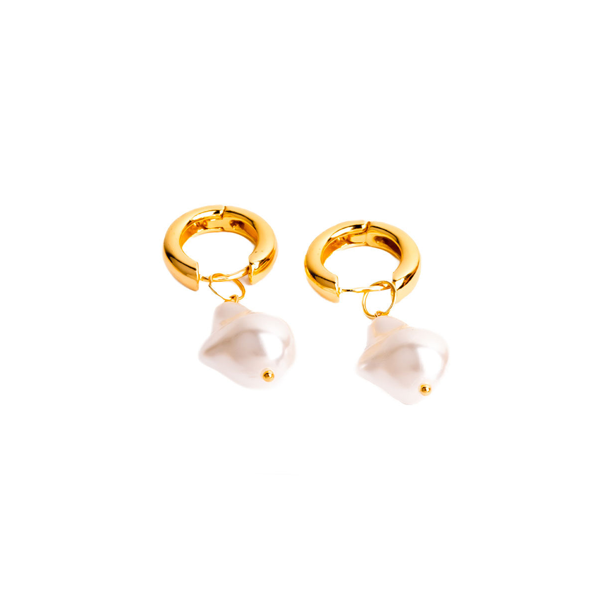 A studio shot on a white background displays a pair of Aurelia Pearl Drop Hoops. Each earring consists of a small, thick, polished gold-toned hoop from which a large, irregularly shaped white baroque pearl hangs.