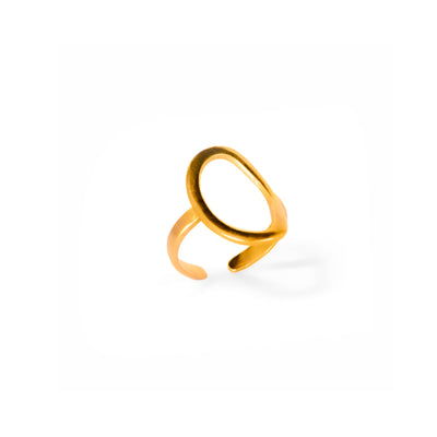  A studio shot on a pristine white background displays the Chloe Open Teardrop Ring. This gold-toned ring features a polished, fluid open teardrop shape on top, with an open-ended band for adjustability.