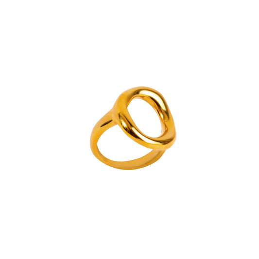A studio shot on a pristine white background displays the Elara Infinity Ring. This gold-toned ring features a polished, fluid, and intertwining design that forms an abstract infinity or figure-eight shape, with an open, adjustable band.