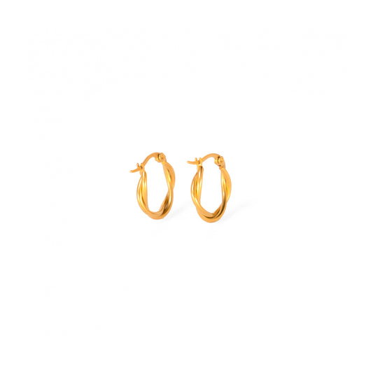 A studio shot on a bright white background displays a pair of Elara Twist Earrings. Each gold-toned earring is a small, oval-shaped hoop with a distinctive, polished twisted design.