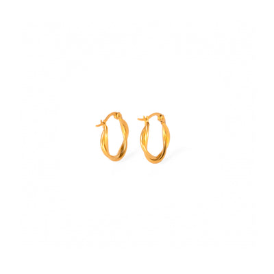 A studio shot on a bright white background displays a pair of Elara Twist Earrings. Each gold-toned earring is a small, oval-shaped hoop with a distinctive, polished twisted design.
