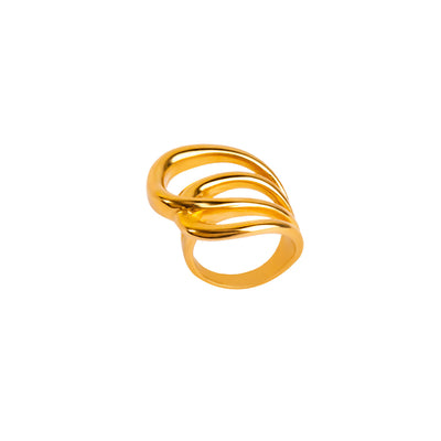 A studio shot on a clean white background displays the Elara Wave Ring. This gold-toned ring features a bold, multi-band design that includes smooth bands gracefully intertwining to form a fluid, wave-like shape.