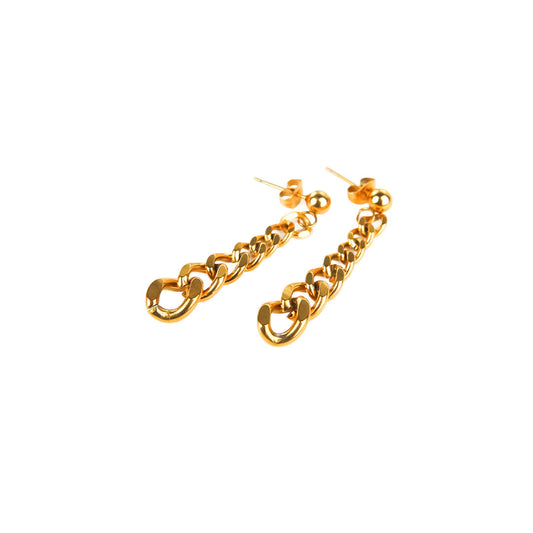 A studio shot on a pristine white background displays a pair of Ella Luxe Earrings. These gold-toned dangle earrings are composed of several bold chain links suspended from a ball stud, with a post backing visible on each.