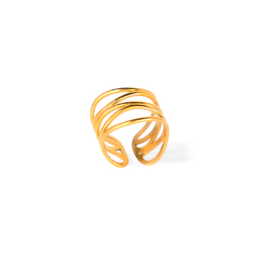 A studio shot on a white background displays the Lia Lace Ring. This gold-toned open ring features multiple, thin, intertwining bands that create an intricate, lace-like pattern and gracefully wrap around the finger.