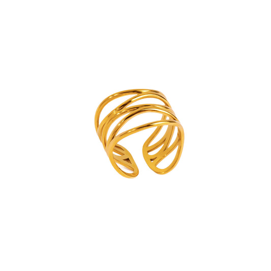 A studio shot on a clean white background displays the Lia Lace Ring. This gold-toned open ring is comprised of multiple thin, fluid bands that intertwine to form an intricate, lace-like pattern.