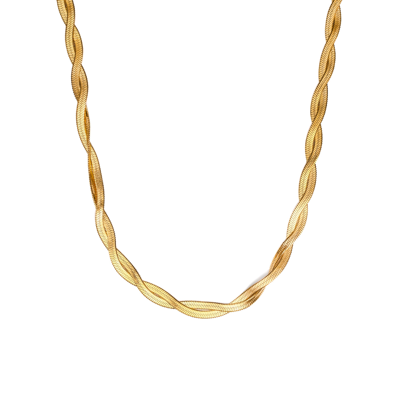 A close-up studio shot on a pure white background displays the Lumina Herringbone Twist Necklace. This gold-toned necklace features two flat, flexible herringbone chains intricately twisted together, creating a substantial and highly reflective, textured golden spiral.