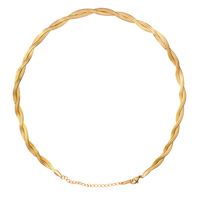 The Lumina Herringbone Twist Necklace, a gold-toned choker, is presented in a studio shot against a white background, forming a large oval. It features two flat, flexible herringbone chains elegantly twisted together, creating a continuous, radiant spiral effect.