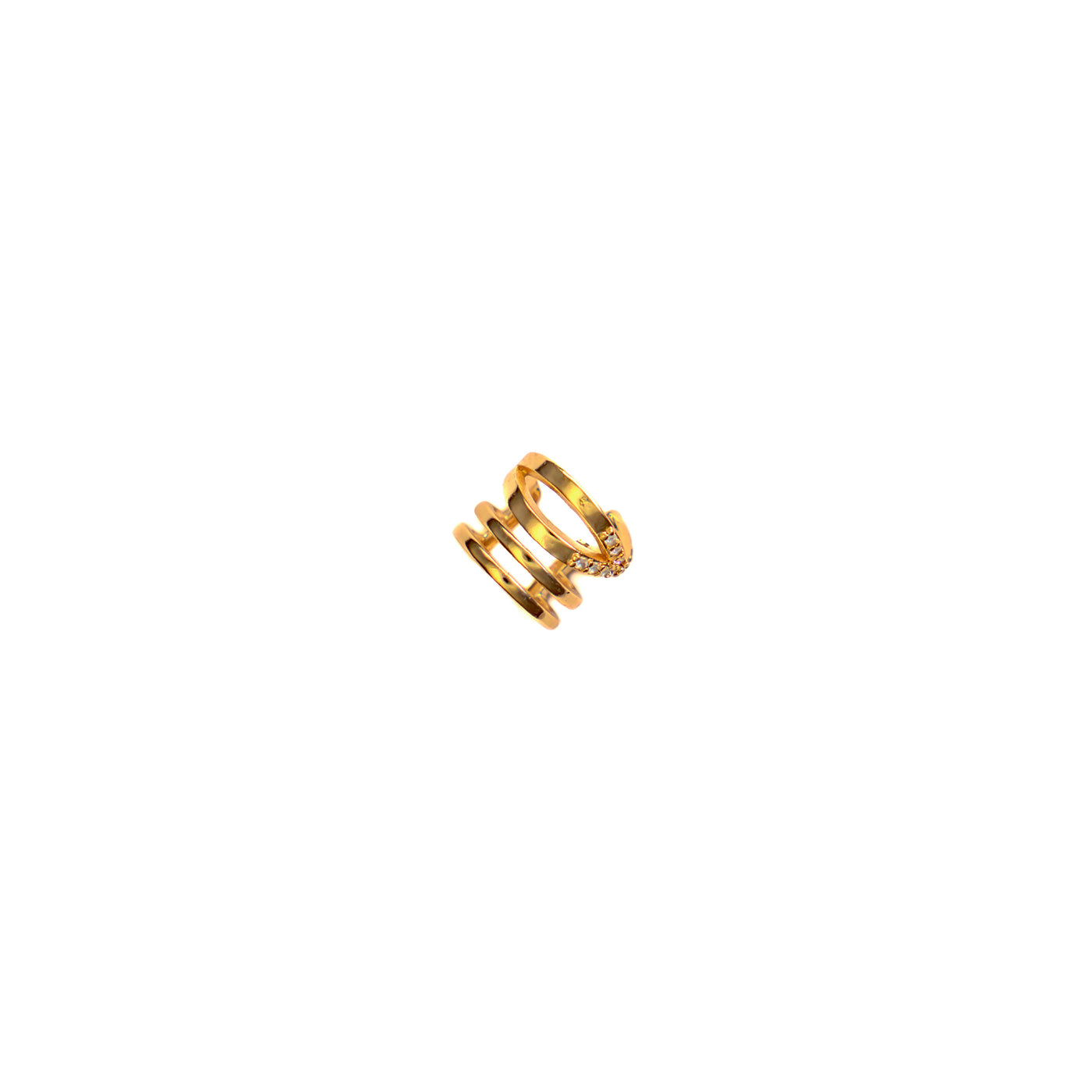 Glistening against a stark white backdrop, the Nova Sparkle Ear Cuff coils elegantly, showcasing its brilliant gold tone. This intricate accessory features layered bands, some smooth and others set with delicate, sparkling stones, designed to embrace the ear with effortless glamour.
