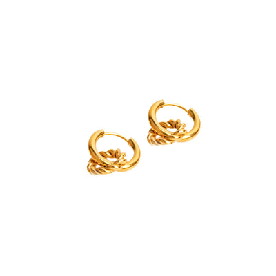 A studio shot on a clean white background displays a pair of Penelope Knot Hoops. Each gold-toned earring consists of a small, polished hoop that holds a smaller, intertwined braided ring inside.
