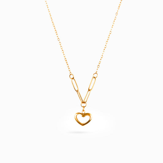 A studio shot on a pristine white background displays the Violet Petal Pendant. This gold-toned necklace has a mixed chain of small and elongated links, which leads to a central, open heart-shaped pendant.